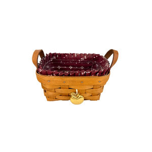 1994 Longaberger Tea Basket w/Burgundy Liner, Protector & Gold Apple Tie-On